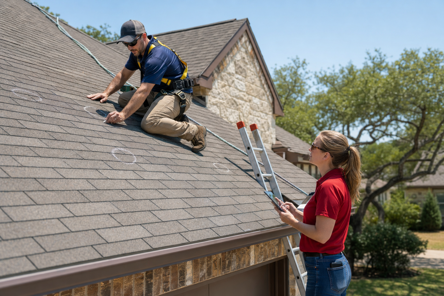 Roofing contractor documenting hail damage while meeting an insurance adjuster at a Texas home