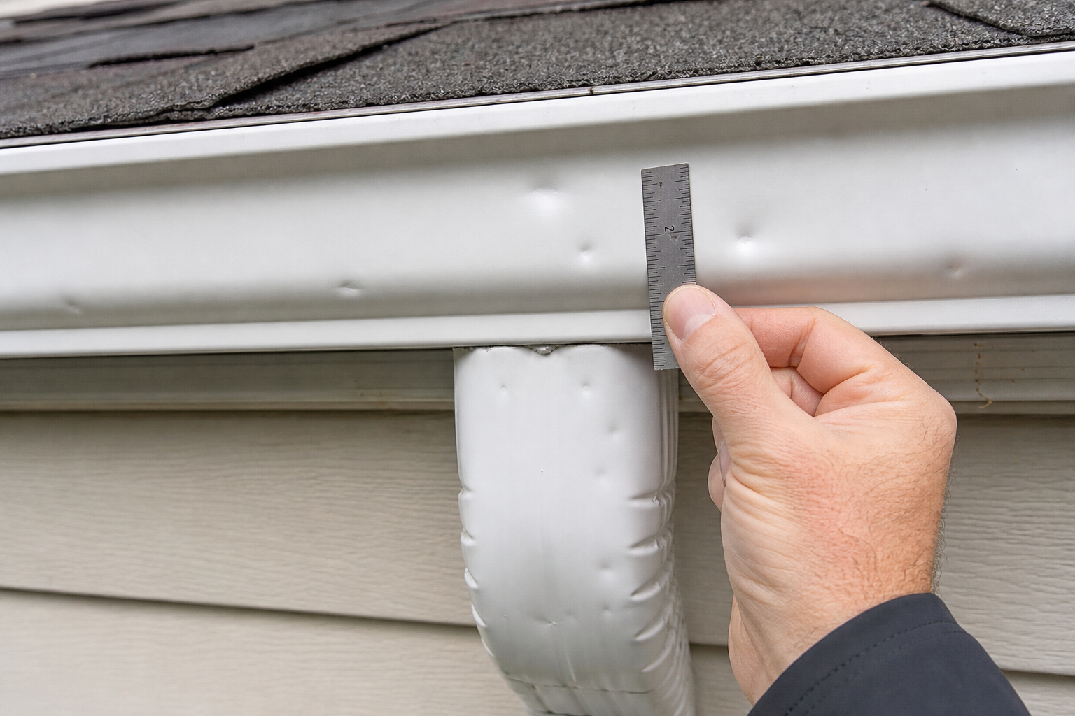 Inspector measuring hail dents on a gutter and downspout
