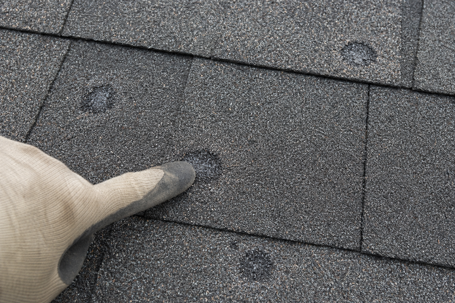 Close inspection of hail impact bruising and displaced granules on asphalt shingles