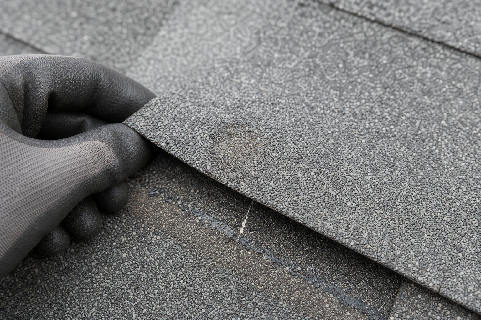 Lifted asphalt shingle showing granule loss and a mat fracture