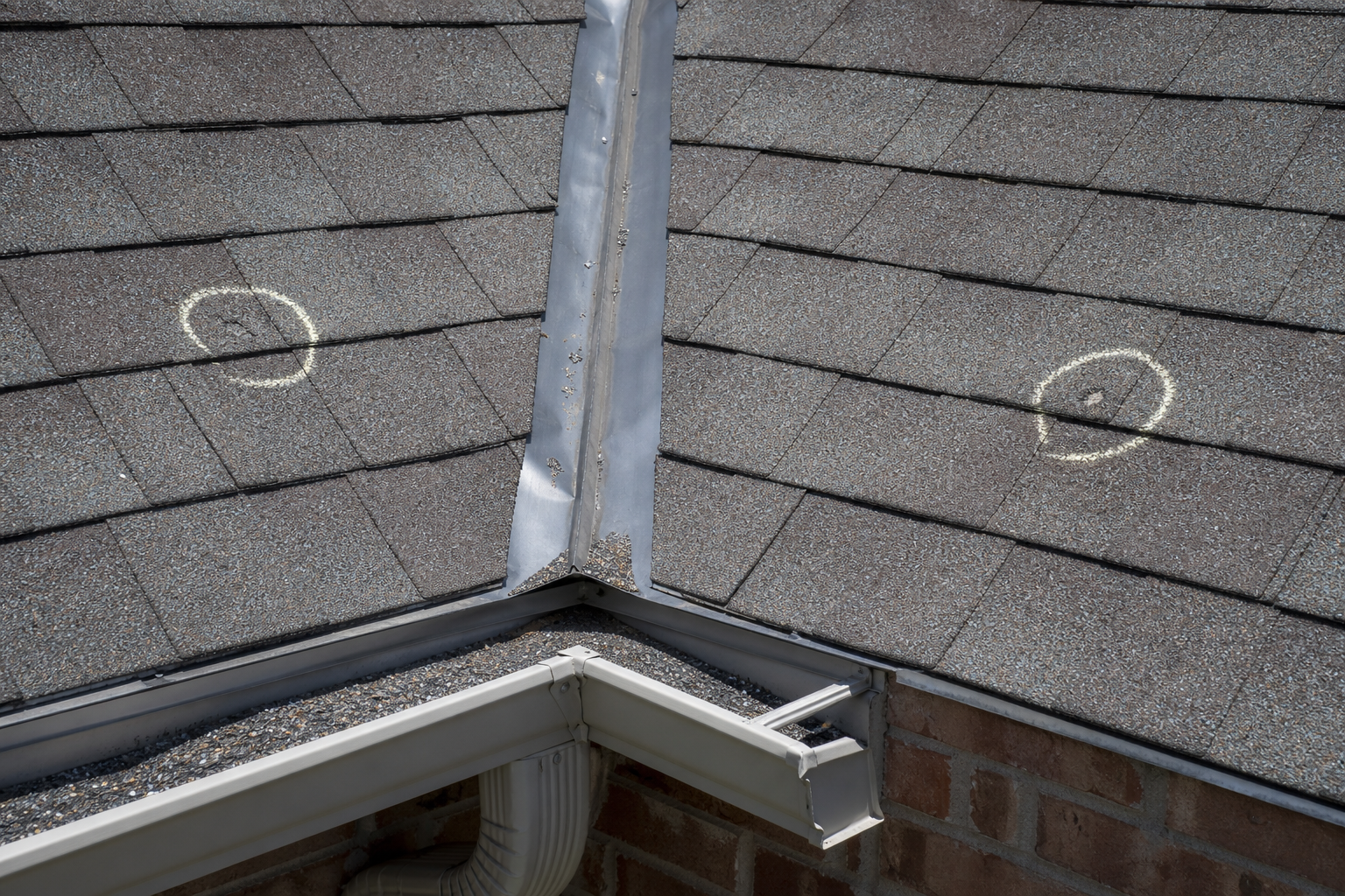 Chalk-marked hail impacts near a roof valley with loose granules in the gutter