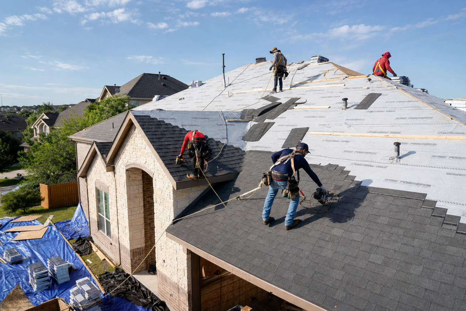 Professional roofing crew installing underlayment and architectural shingles on a Texas home