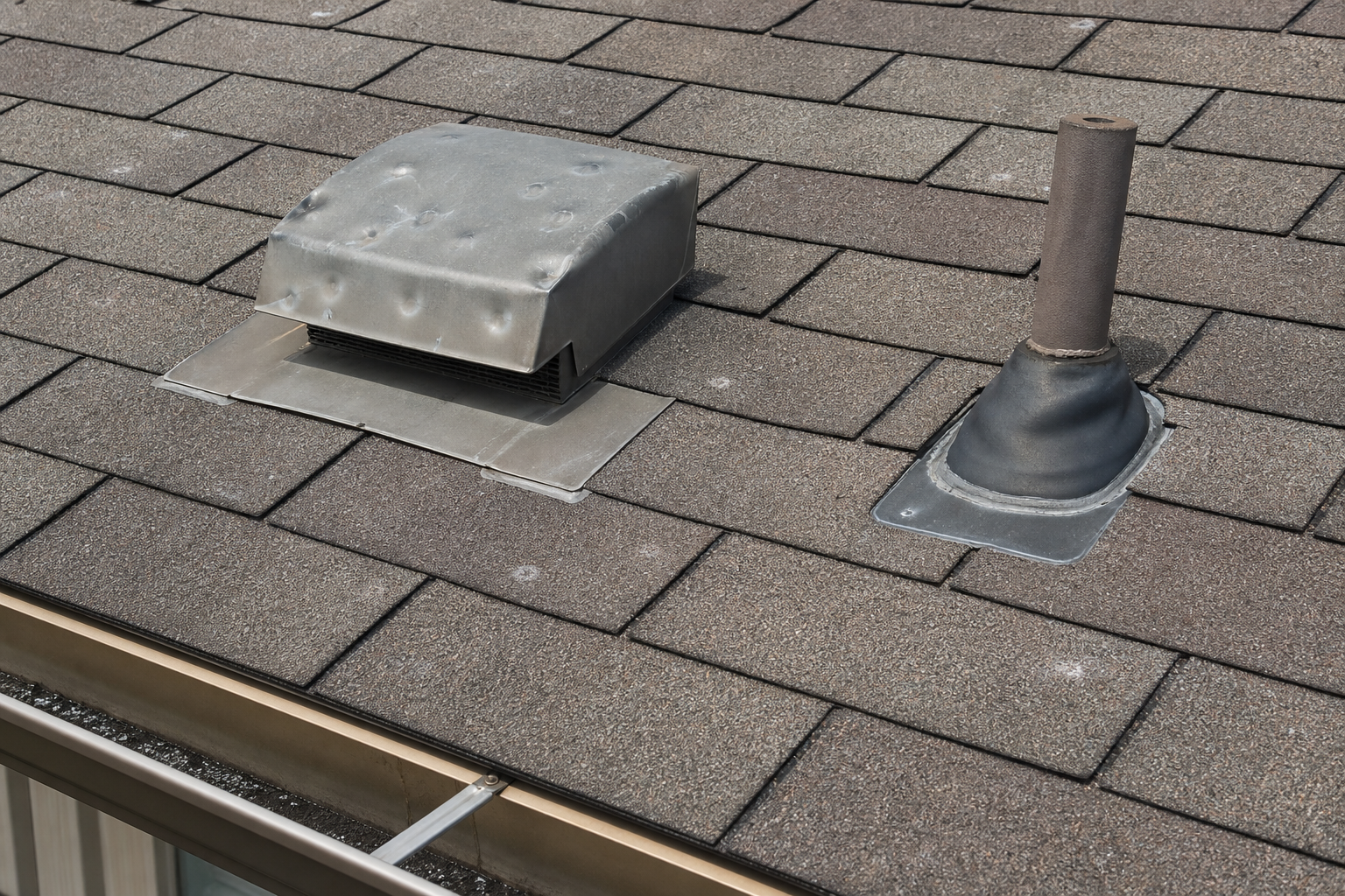 Hail-marked roof vent, pipe flashing and asphalt shingles